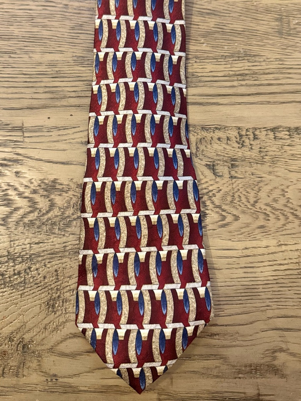 Stafford Red Silk Tie with Blue and Cream Geometric Motif